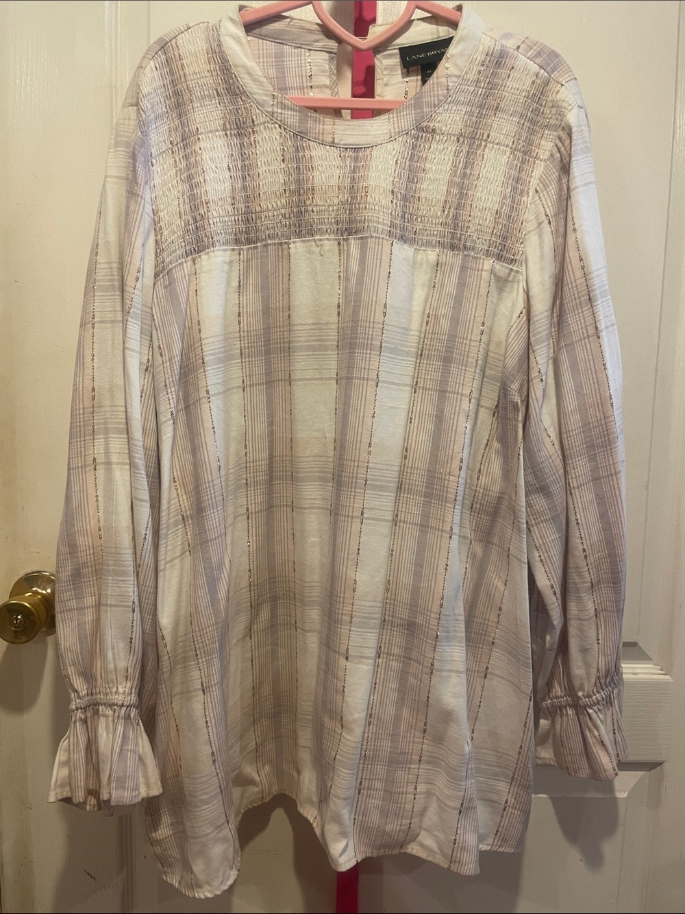Lane Bryant Cream and Brown Plaid Long Sleeve Top